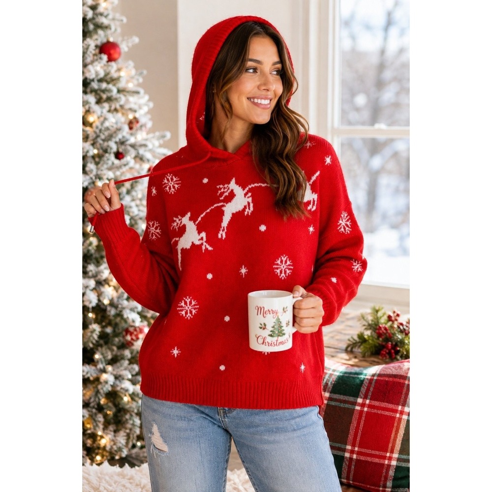 Cupcakes and Cashmere Women S Red Christmas Reindeer Snowflake Hooded Sweater